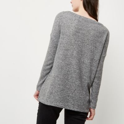 Grey marl knit lace trim V neck jumper
